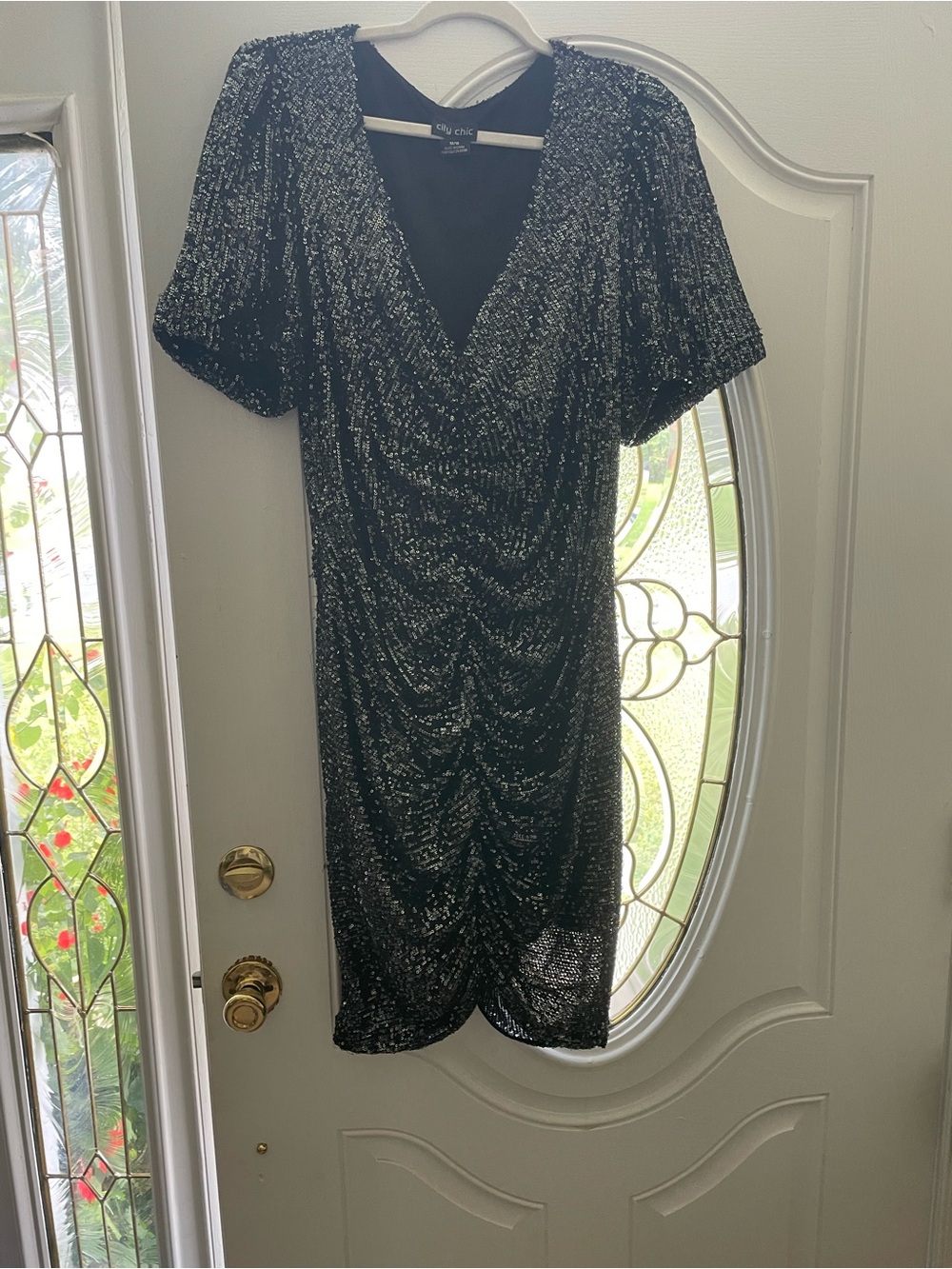 City Chic Black Sequin Ruched V-Neck Midi Dress